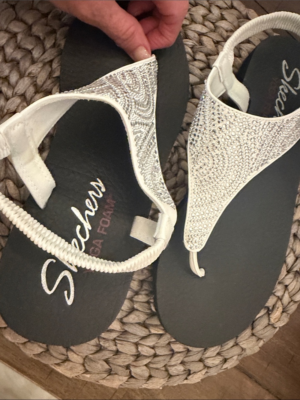 Skechers White/Silver Rhinestone Thong Sandals